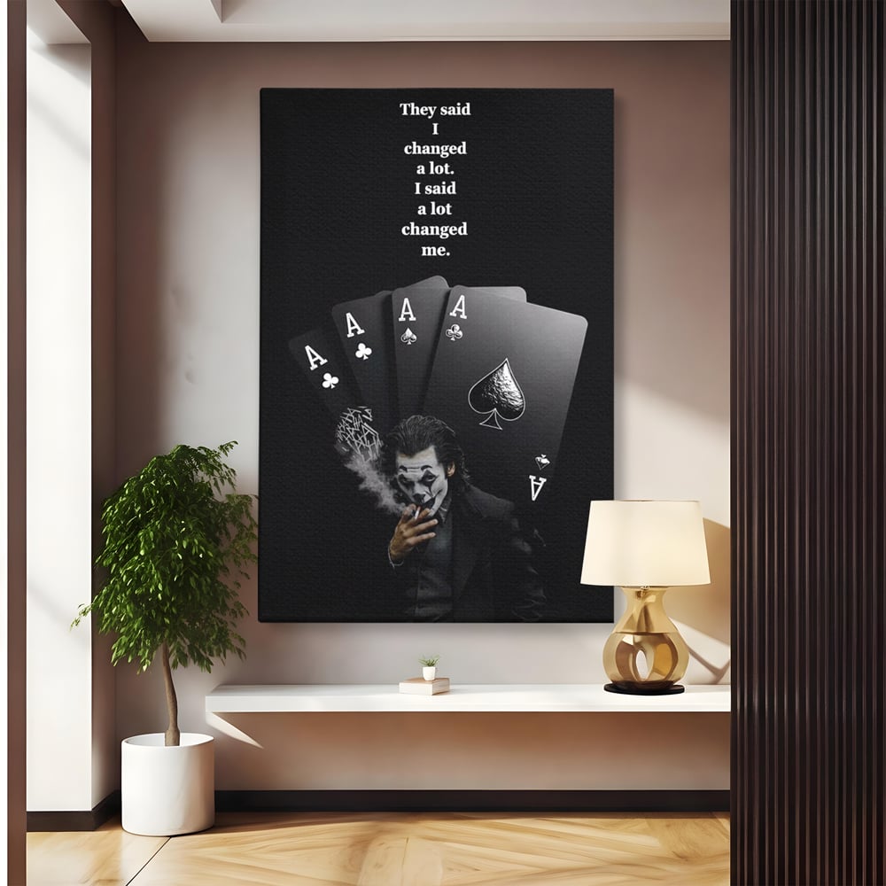 Tablou canvas cu tablou motivational cu joker si carti de joc, fara rama, pe sasiu de lemn